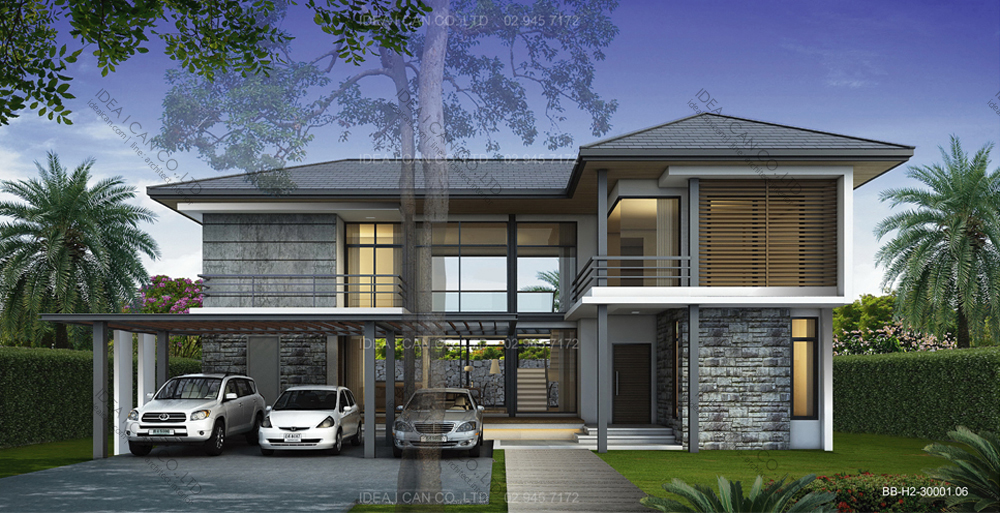 แบบบ้านสองชั้นสไตล์รีสอร์ท แบบบ้าน 2 ชั้น 4 ห้องนอน 4 